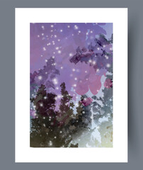 Serene snowy evening illuminated by twinkling lights and falling flakes