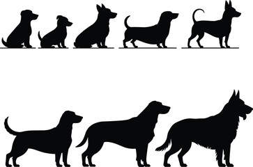 Collection of dog breed silhouettes in a row, depicting various sizes and shapes.