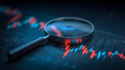 Magnifying glass examines digital financial chart showing market fluctuation