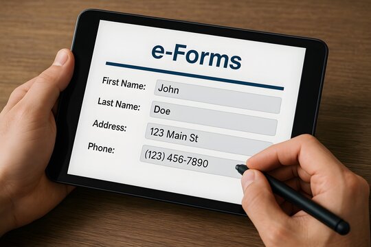 A person is filling a form on tablet for the concept of technology.
