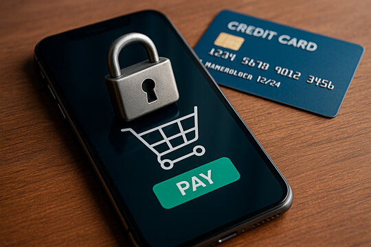 A phone with a padlock and credit card for the concept of E-commerce security and safe transaction. - Powered by Adobe