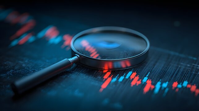 Magnifying glass examines digital financial chart showing market fluctuation