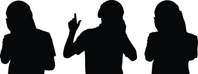 Three silhouettes of people in various poses, isolated on white.