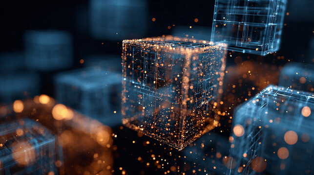 Abstract cubes in a technological environment representing innovation and connectivity. The cubes are rendered with light particles giving a futuristic and high-tech feel.