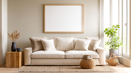 Warme, minimalistische Interiors in Beige- und Naturt&ouml;nen mit klaren Poster-Mockups an ruhigen, modernen W&auml;nden. Zeitlose M&ouml;bel, sanftes Tageslicht und dezente Dekoration