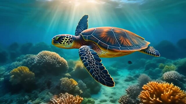 Majestic Sea Turtle Swimming Over Vibrant Coral Reef Under Sunbeams in Clear Tropical Ocean Water.