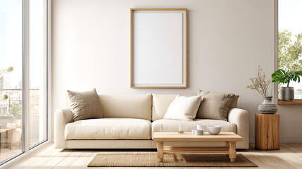 Fototapeta premium Warme, minimalistische Interiors in Beige- und Naturtönen mit klaren Poster-Mockups an ruhigen, modernen Wänden. Zeitlose Möbel, sanftes Tageslicht und dezente Dekoration