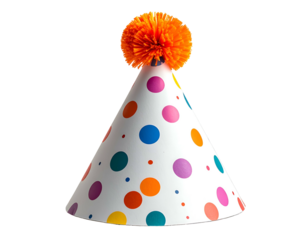 White party hat with colorful polka dots & orange pompom