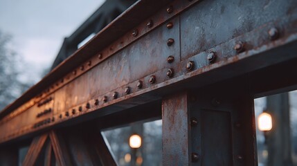 Close up of a rusty riveted steel bridge beam at twilight with blurred warm lights in the background