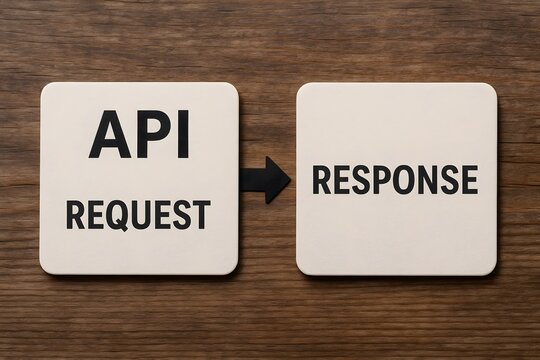 API Request and Response concept on a wooden background for the Technology and IT.