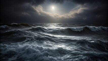 Turbulent dark ocean with crashing waves under a stormy sky and obscured moon image photo Background