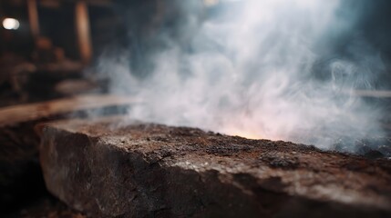 Close up view of a textured rusty metal surface with glowing embers and plumes of smoke rising in a dimly lit workshop