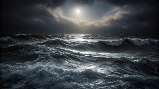 Turbulent dark ocean with crashing waves under a stormy sky and obscured moon image photo Background