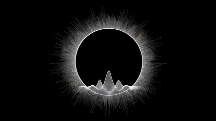 Abstract circular graphic with radiant lines and waveform against black.