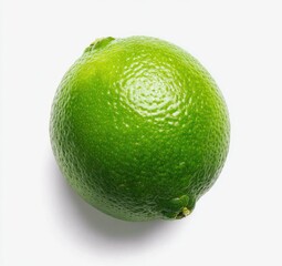 Single lime, vibrant green, smooth textured skin,  round and whole, isolated on white background