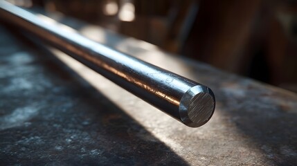 Close up of a metallic rod resting on a textured surface in a workshop with strong highlights and shadows