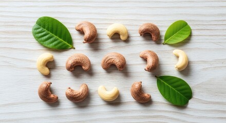 Cashew nuts and leaves arranged on a light wooden background, top view for national cashew day