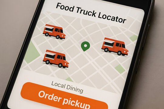 A mobile app displaying a food truck locator.  - Powered by Adobe