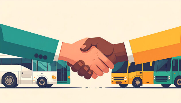 Diverse business handshake with colorful buses in background symbolizing transport partnership and collaboration