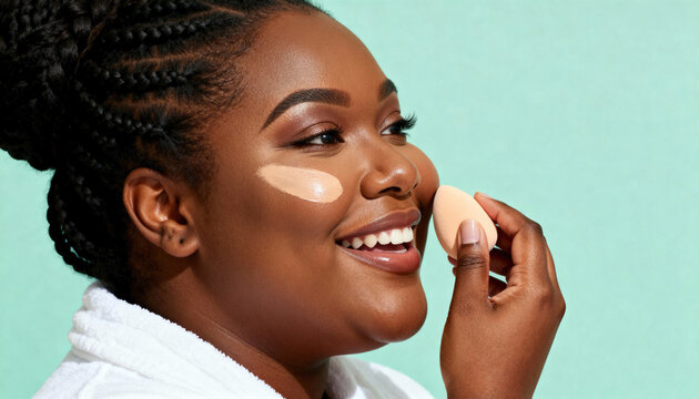 Happy Black woman applying foundation with a makeup sponge. African American model with braided hair during her beauty and skincare routine on a studio background