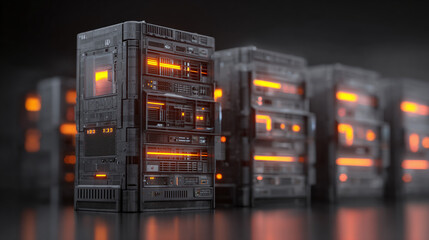 Futuristic server racks glowing brightly in the dark. The image showcases advanced technology and data storage concepts.