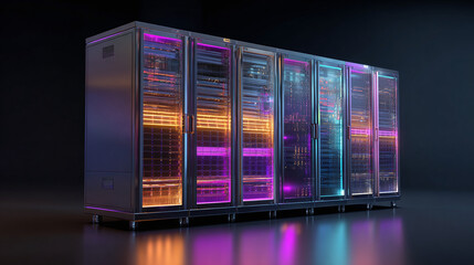 Data servers bathed in vibrant light, showcasing technological prowess and interconnected systems. The servers stand in a row. 