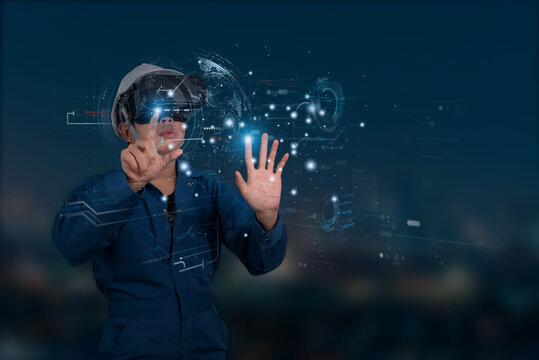 Engineer wearing VR headset interacts with futuristic holographic interface and global digital data visualization in a high-tech environment. - Powered by Adobe