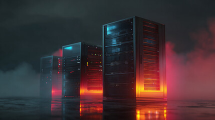 A server room filled with advanced technology in a high-tech data center. The servers are emitting vibrant colors, suggesting high-speed processing and data transfer
