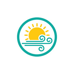Stylized sun shines with wind blowing in a circular frame, representing weather conditions and a breezy, sunny day.