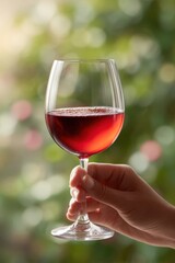 Female hand holding glass of red wine outdoors with blurred greenery background