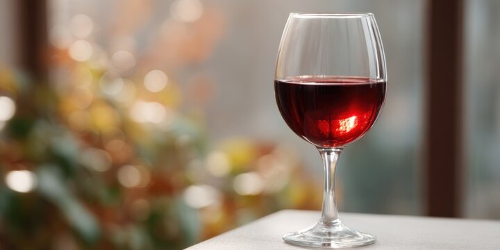 Elegant glass of red wine on sunlit table with blurred background - Powered by Adobe