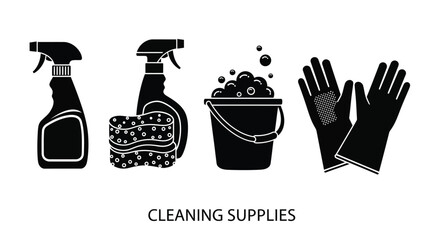 Cleaning supplies icons spray bottles sponge bucket and protective gloves depicted