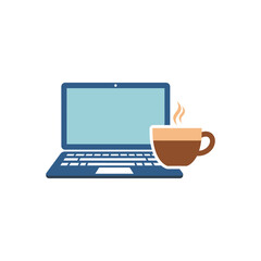 Laptop sits next to a steaming cup of coffee on a white desk, representing remote work and a cozy, productive atmosphere.