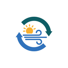 Sun and wind circulate, creating a renewable energy cycle with blue and green arrows, representing sustainability and environmental awareness.