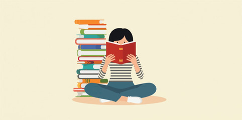 reading illustration, student, woman reading, studying, education, knowledge, stack of books, literature, vector illustration, flat design, e-learning, online education, line icons, minimalist, outlin