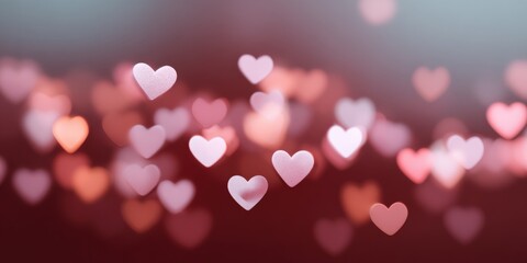 Soft pink hearts floating on blurred background in romantic atmosphere