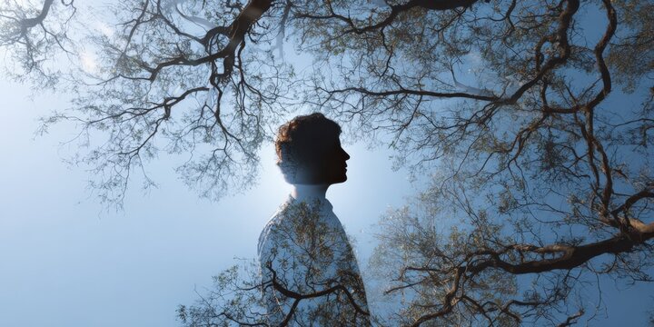 Silhouette of young caucasian male blended with tree branches against blue sky