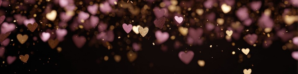 Fototapeta premium Romantic golden and pink heart bokeh lights on dark background