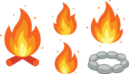 Campfire flames, cartoon fire icons, burning logs, stone fire pit, vector illustration, camping concept, hot flame, outdoors, survival fire, warm bonfire, glowing light, wood flame