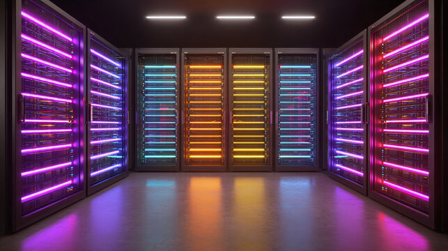 Neon-lit servers illuminating a data center, showcasing technology's infrastructure