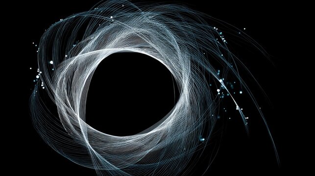 Swirling light trails form a dynamic circular pattern with glowing particles.