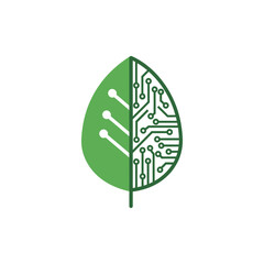 Green leaf integrates with circuit board representing technology and nature, symbolizing innovation and sustainability in a modern, ecofriendly approach.