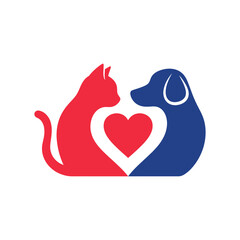 Red cat and blue dog forming a heart shape symbolize animal love and care in a simple, modern style.
