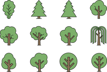 Fototapeta premium Simple flat tree icon set, minimal nature vector illustration of forest, eco, and green environment