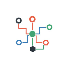 Colorful network nodes connecting with lines, symbolizing data flow and communication in a modern, technological context, conveying connectivity and innovation.