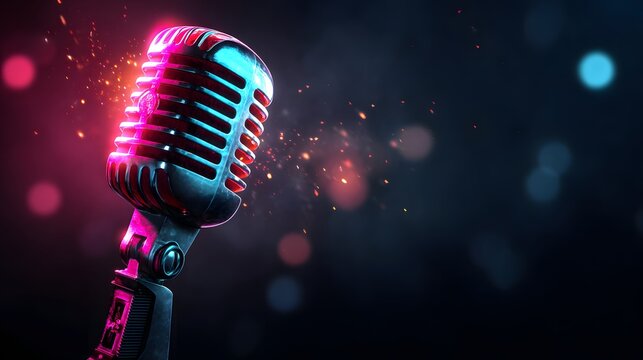 Illumination highlights a classic stage microphone against a dark, atmospheric background