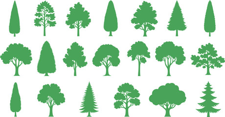 Green tree silhouette collection, forest nature design, eco vector illustration, botanical landscape elements for environment graphics