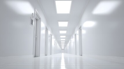 Obraz premium Infinite corridor displaying bright overhead lighting and repeating doorway symmetry
