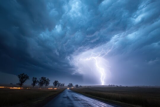 Dramatic night thunderstorm over a rural landscape with jagged lightning