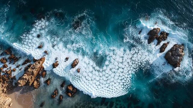 Drone shot looking straight down at ocean waves crashing against a rocky coastline, white foam patterns.